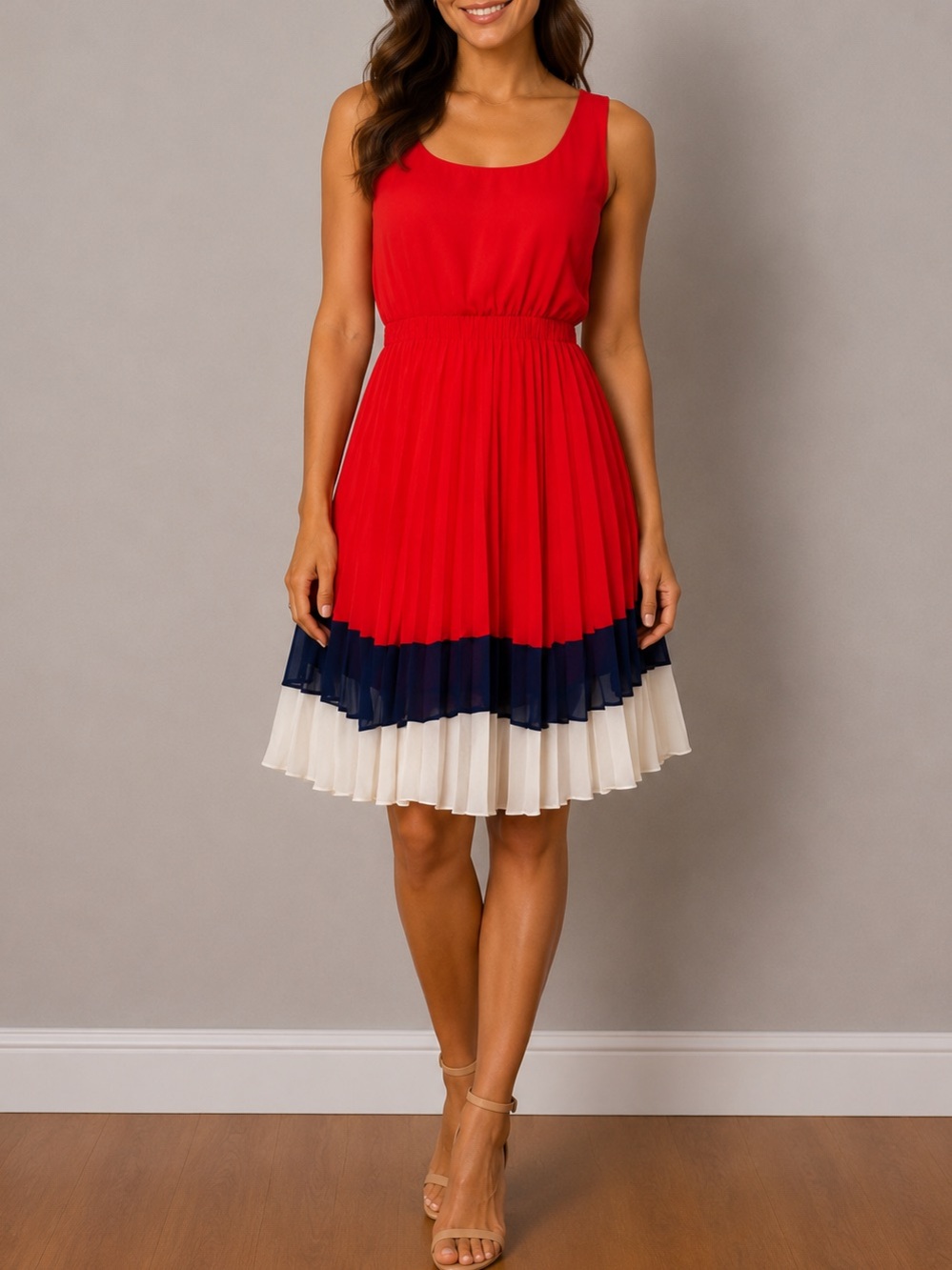 MINIMI RED COLORBLOCK PLEATED DRESS | FIT & FLARE | SLEEVELESS | SUMMER | SIZE S